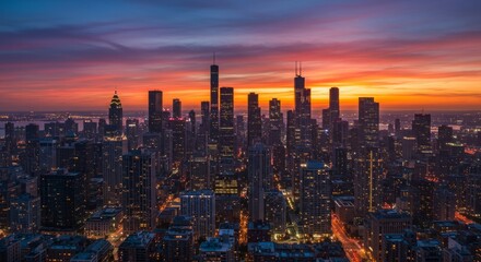 Obraz premium Vibrant city skyline at sunset.