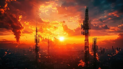 Fiery sunset light glows behind massive telecom towers, emphasizing the striking contrast between technology and natural beauty