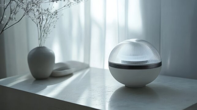 A close-up shot reveals a white noise machine, its sleek form sharply defined against a pristine, transparent backdrop, inviting contemplation and tranquility.