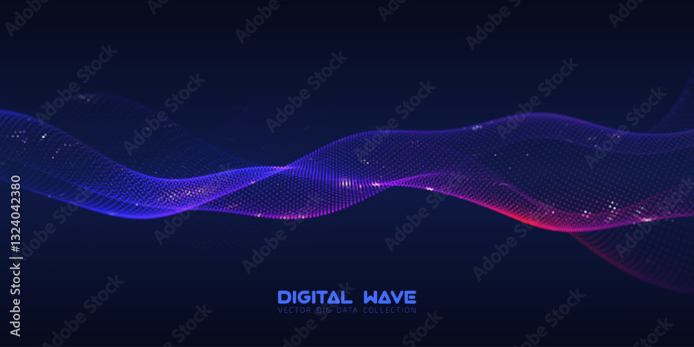 Poster abstract digital audio wave of particles with bokeh. futuristic ai technology. cyber data flow vecto