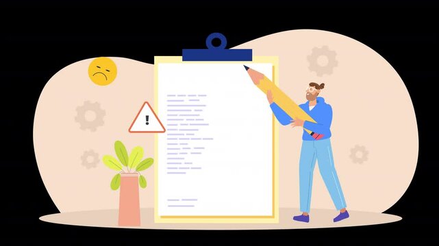 vector avatar art animation scene illustrates the process of writing, submitting, and addressing complaint letters. It features an avatar character writing a letter