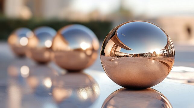 Floating bronze orbs resting on a high-shine surface, casting soft reflections and creating an elegant futuristic composition.