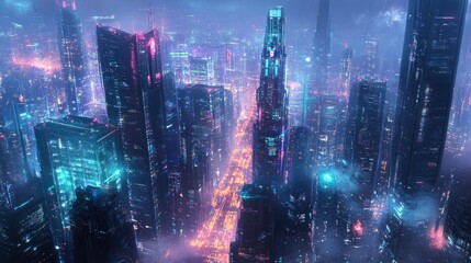 Obraz premium Futuristic metropolis bathed in neon lights, with glowing pathways connecting towering skyscrapers, symbolizing AI and smart city evolution