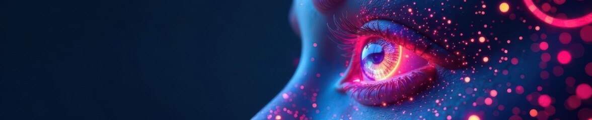 Glowing cybernetic eye, intricate neon circuits, blue background, tech, electric