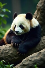 Fototapeta premium Giant panda curled in peaceful sleep atop large rock , mountain, bamboo, wildlife