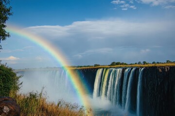 Fototapeta premium Majestic waterfall with vibrant rainbow at Victoria Falls under clear blue sky