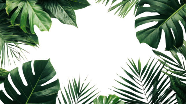 A vibrant arrangement of tropical leaves on a dark background, creating a natural frame for design elements or text.