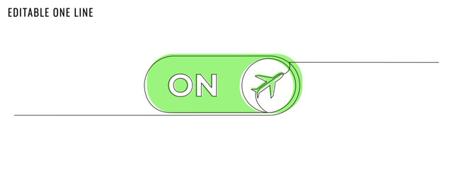 One continuous line drawing of a Turn On sign with airplane. A travel concept banner. Editable stroke, simple doodle design, vector illustration