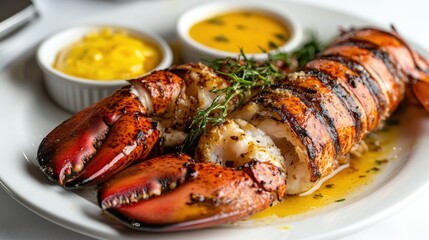 Grilled lobster presented with a generous portion of garlic butter sauce on the side, creating a mouthwatering seafood dish full of flavor and texture