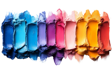 A vibrant array of paint swatches displaying a spectrum of colors from blue to orange, ideal for artistic inspiration on a white background.