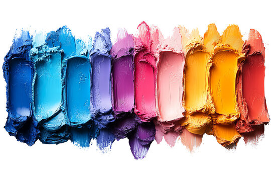 A vibrant array of paint swatches displaying a spectrum of colors from blue to orange, ideal for artistic inspiration on a white background.