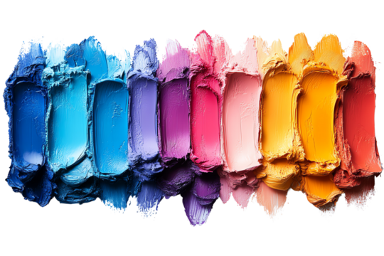A vibrant array of paint swatches displaying a spectrum of colors from blue to orange, ideal for artistic inspiration on a white background.