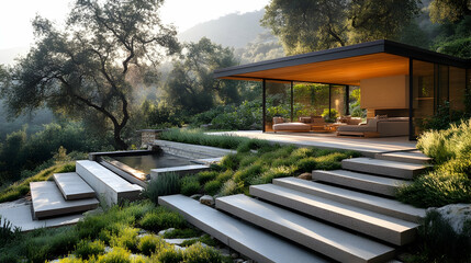 Fototapeta premium Modern outdoor living space nestled in a hillside garden