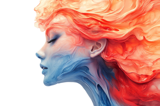 A vibrant artistic representation of a woman's profile, surrounded by dynamic colors blending in a harmonious flow, evoking emotions and creativity.