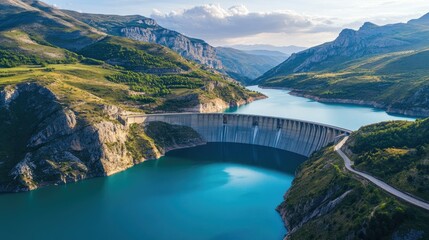 High-altitude shot of a breathtaking dam nestled in a mountainous landscape, its deep blue reservoir contrasting with vibrant greenery