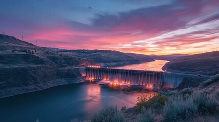 Hydroelectric dam at twilight, scenic river currents glowing under the vibrant sunset sky, symbolizing clean energy and sustainability