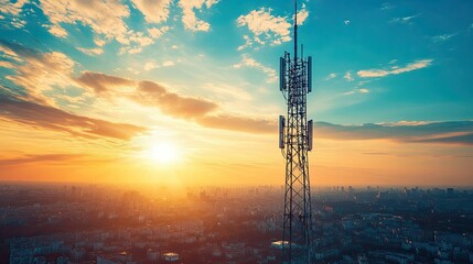 Industrial communication towers standing tall under a vibrant blue sky, with the sun casting long shadows over the bustling city