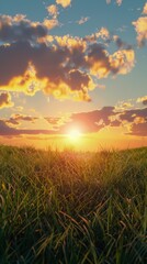 Fototapeta premium A bright sunset over a field of tall grass, creating an atmosphere of calm and tranquility, perfect for nature or travel blog design.