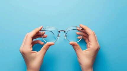 Fototapeta premium Hands holding glasses on a blue background would be great for articles about vision, fashion and accessories, as well as optical store ads.