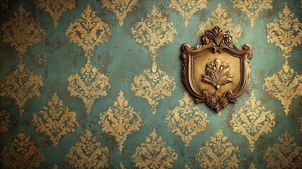 Ornate vintage wall with intricate gold patterns and a decorative shield emblem