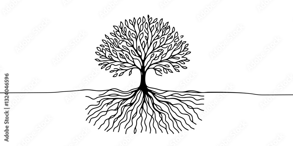 Wall mural tree in one line. graphic vector illustration of a continuous line drawing of a tree with roots