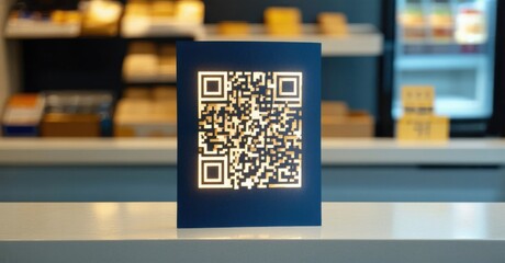 Paper cutout of glowing qr code on store counter deep navy and muted gold symbolizing contactless payments