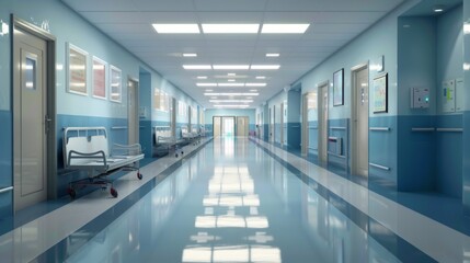 Fototapeta premium Bright hospital corridor with beds and medical equipment, suitable for articles about health and medical services.