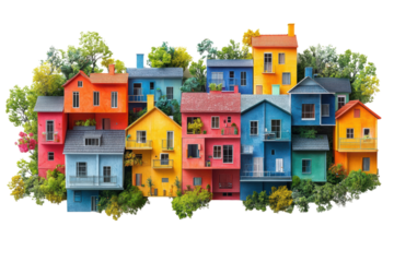 A vibrant collection of colorful houses surrounded by lush greenery, showcasing diverse architectural styles in a harmonious setting.