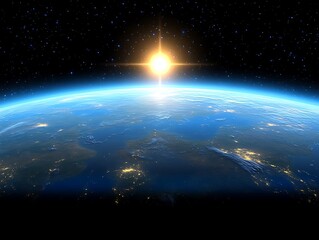 Obraz premium The planet earth with the sun rising in the dark space