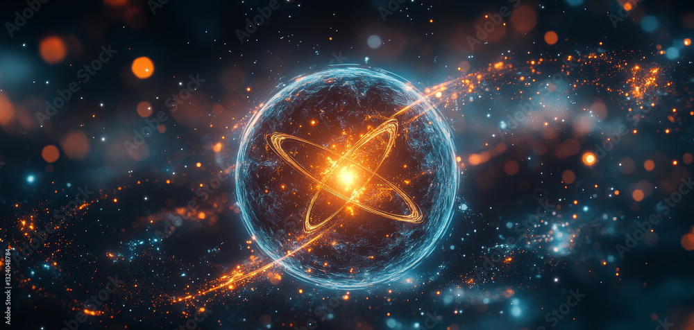 Aufkleber A striking representation of quantum mechanics showcases an atomic structure surrounded by swirling energy patterns.