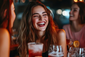 Friends enjoying drinks and laughter at a lively bar in the evening