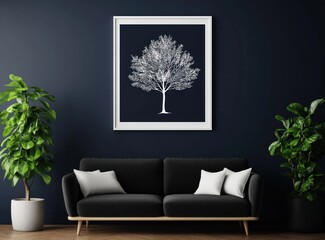 White tree illustration on navy blue background framed print in modern living room.