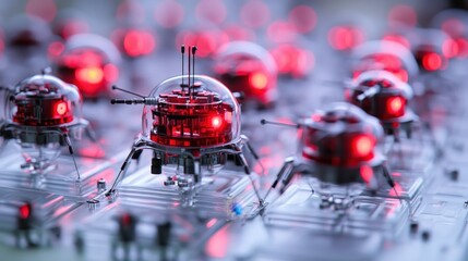 A microscopic world, where nanobots, like tiny superheroes, work in perfect unison on a pristine transparent canvas, symbolizing the power of nanotechnology to revolutionize our world.