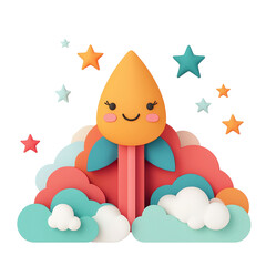 Fototapeta premium Cute rocket with smiling face, colorful clouds, and stars cute studio style isolated cut out PNG on transparent