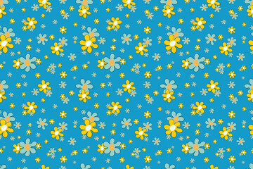 Beautiful seamless floral pattern. Part of flowering plant,  flower head,  bright blue backdrop. Warm spring and summer mood. Decorative solution for packaging, textiles, wallpapers, and backgrounds.