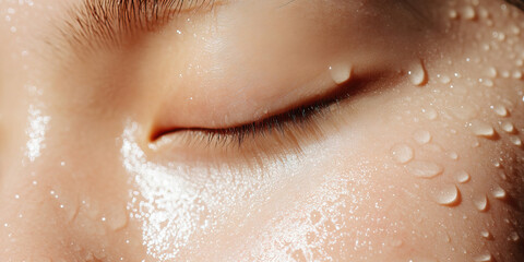 Fototapeta premium Close-up of Eye and Cheek with Water Droplets
