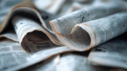 Fototapeta premium Freshly printed newspaper pages with curled edges, showcasing text and images. texture and detail evoke sense of nostalgia and information