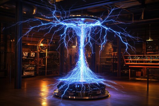 Spectacular display of electrical arcs in a dimly lit laboratory filled with vintage equipment
