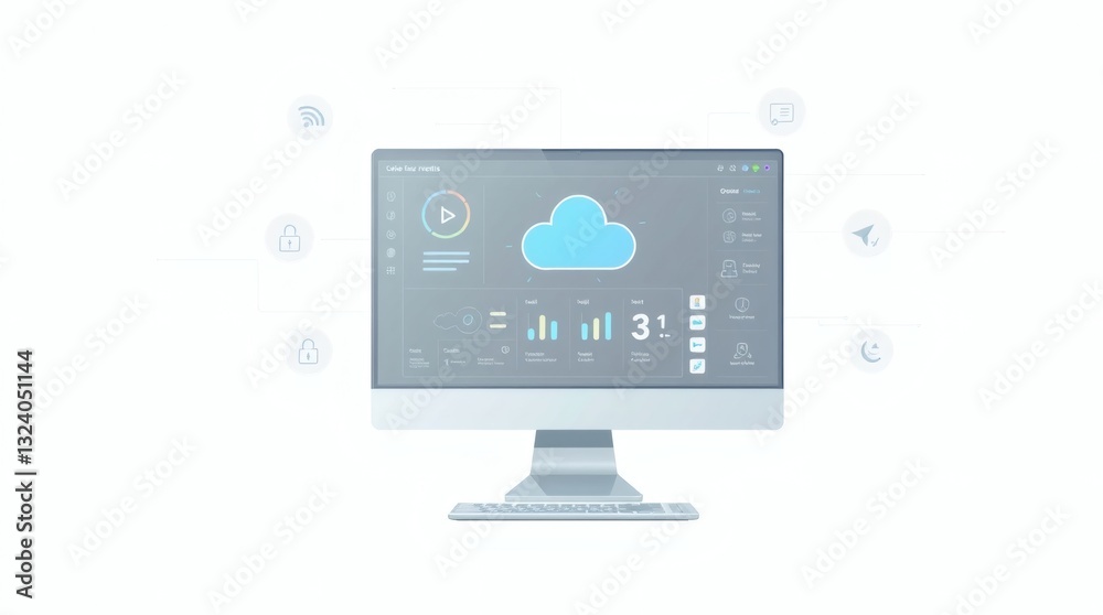 Poster an illustration of computer screen with weather icon and various interface elements