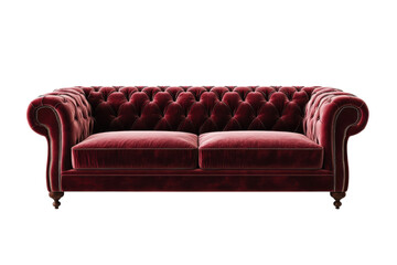 Fototapeta premium Elegant red velvet Chesterfield sofa showcasing classic British design in a minimalist setting isolated on transparent background
