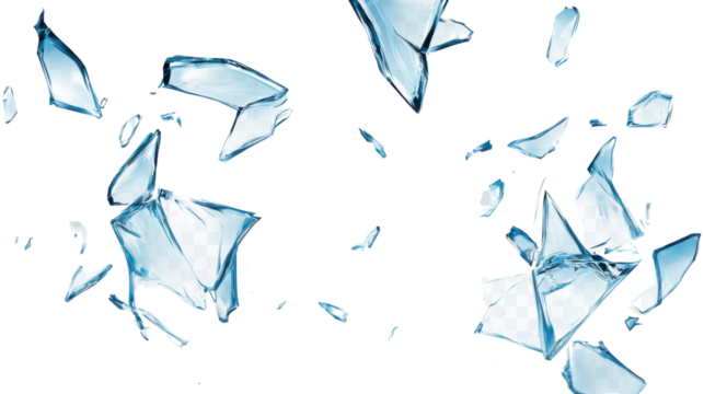 "A set of broken glass shards scattered across the surface, isolated on transparent background, showcasing their sharp, angular edges."
