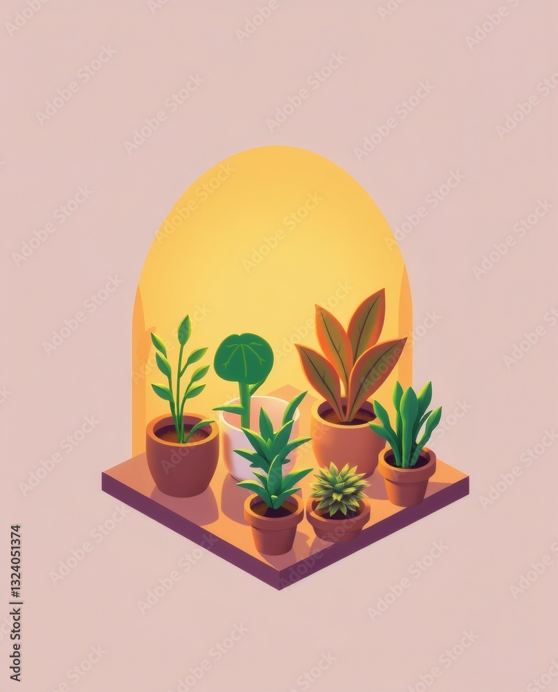 Poster a cozy arrangement of potted plants, creating a sense of warmth and tranquility. the plants are arra