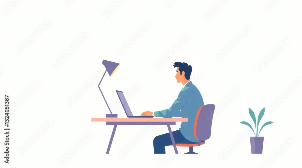 Poster a person working diligently on a laptop at a desk in a clean office setting with a plant. He is focused on the task at hand.