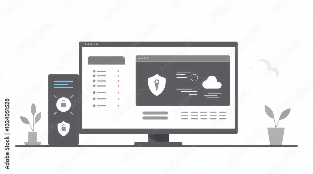 Poster secure computer system that displays a shield icon on the screen, indicating data safety