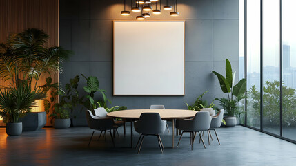 Modern conference room with an oval table and a blank canvas on the wall