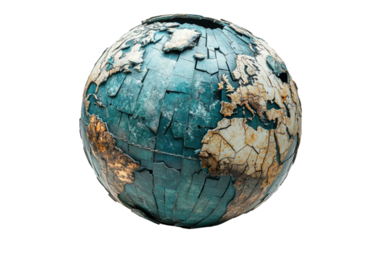 A vintage globe with a cracked surface, showcasing global distortion. Ideal for themes of geography, history, and environmental awareness.