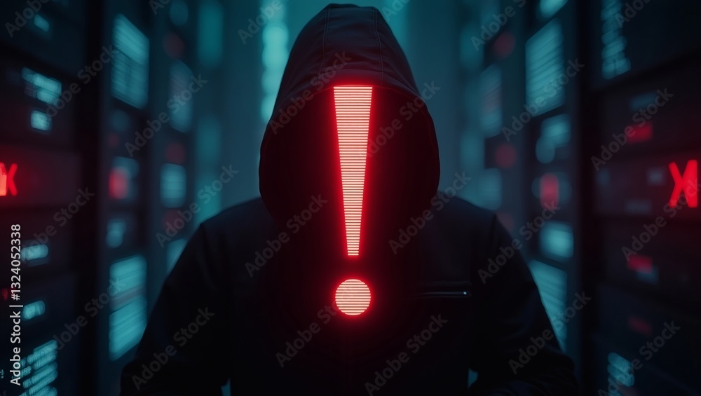 Poster a mysterious figure in a hooded sweatshirt with a large illuminated exclamation mark. The setting appears to be a digital or tech environment with screens in the background