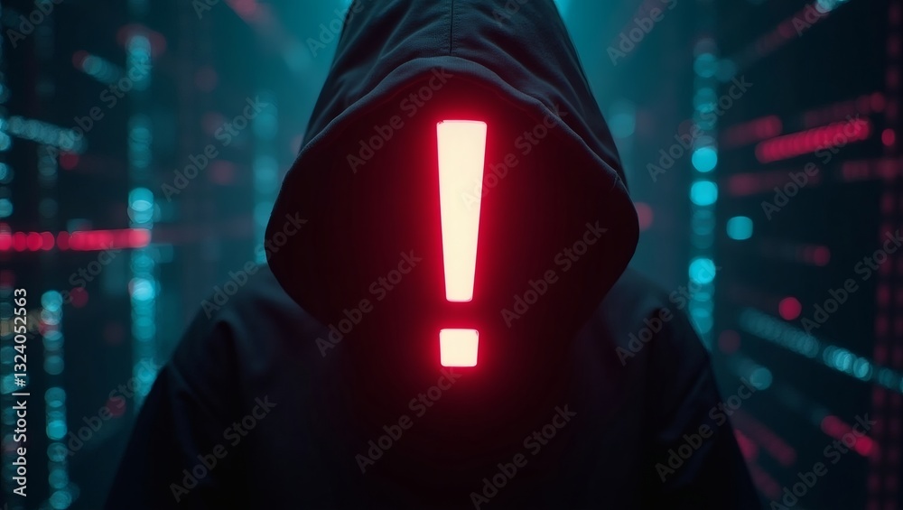 Poster a hooded figure with an exclamation mark representing data breaches and cyber threat