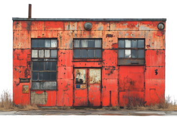 A weathered, rusted red industrial building with peeling paint and broken windows, set against a white isolate background.