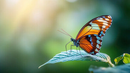 Obraz premium macro shot of butterfly perched on leaf, showcasing vibrant colors and delicate details in nature beauty